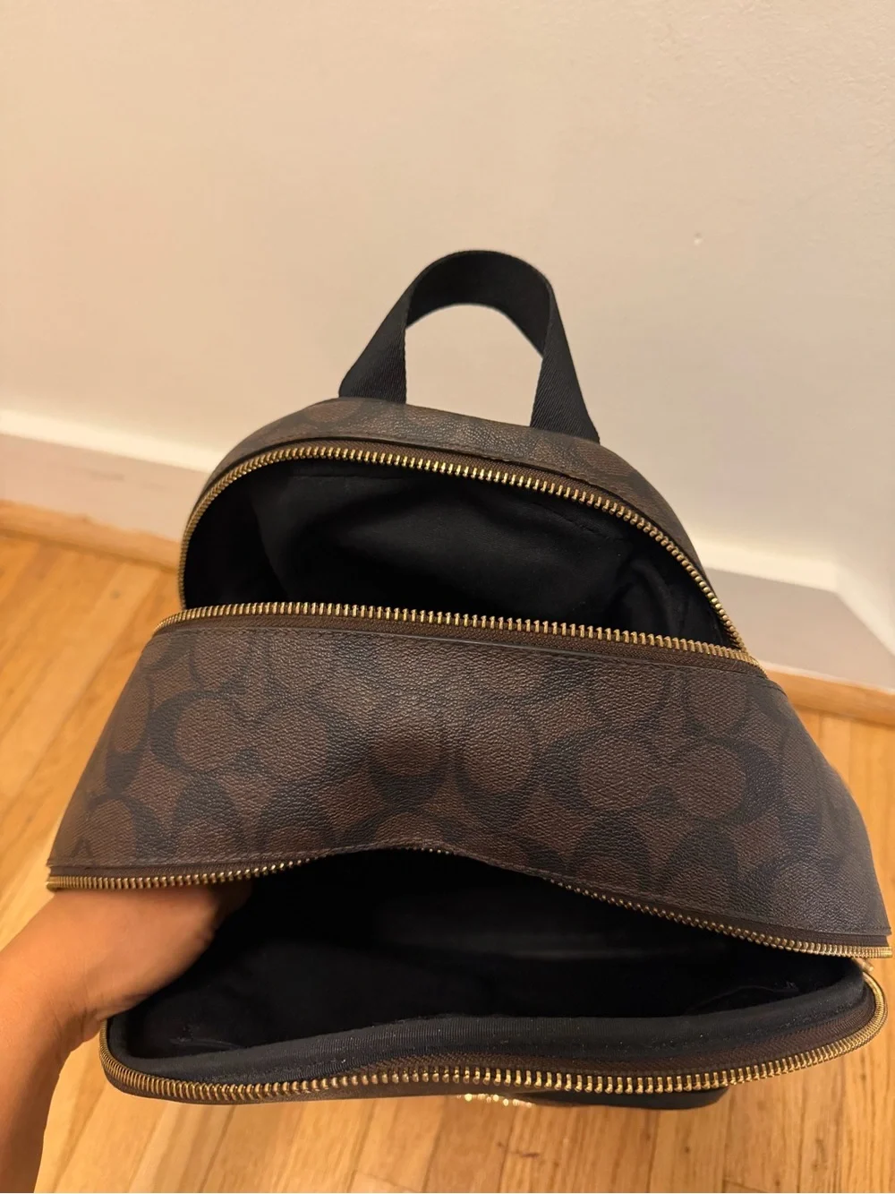 Coach Brown Signature Canvas Backpack with Black Leather Pocket